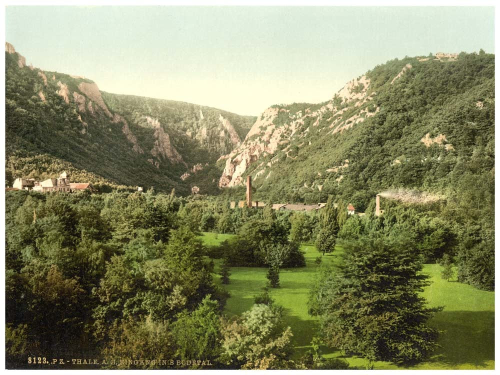 Thale at entrance to valley, Bodethal, Hartz, Germany 0400-4255