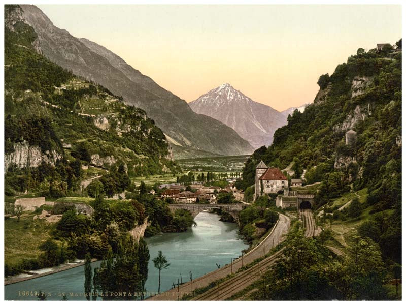 St. Maurice, the bridge and entrance to tunnel, Valais, Alps of, Switzerland 0400-4540
