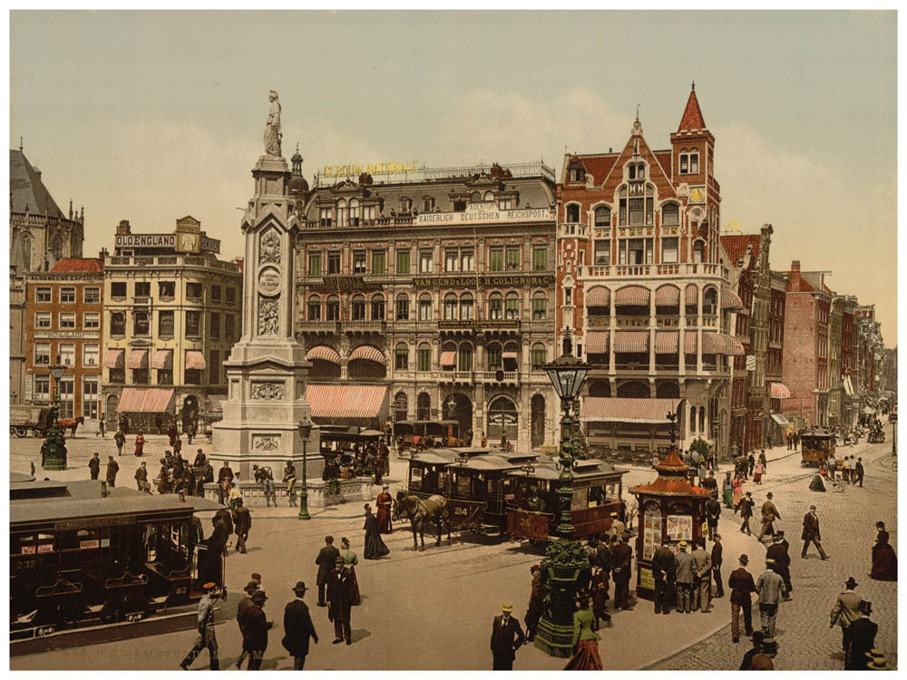 "Vintage Photochrome print of Dam Square in Amsterdam around 1900, featuring the National Monument, horse-drawn trams, pedestrians in Edwardian clothing, Grand Hotel Krasnapolsky, Nieuwe Kerk, and the early Bijenkorf department store"

