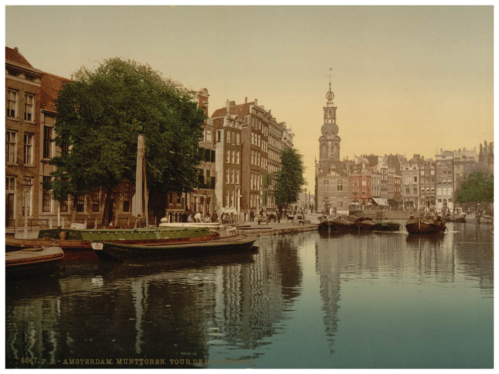 alt="Vintage Photochrom print of the Mint Tower (Munttoren), Amsterdam, Holland circa 1890"
alt="Photochrom view of the Dam Square and Royal Palace, Amsterdam, Netherlands 1890s"
alt="Victorian era color photograph of Vijverberg Hague Holland by the Detroit Publishing Company circa 1900"