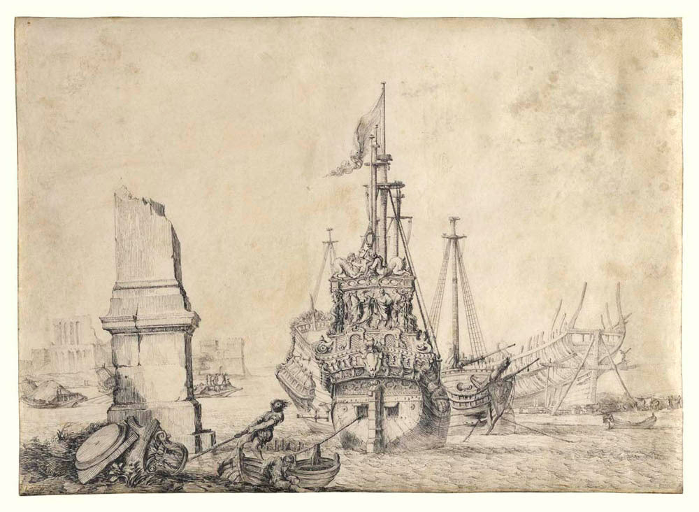 A ship in a port near a ruined obelisk Gm-14430401