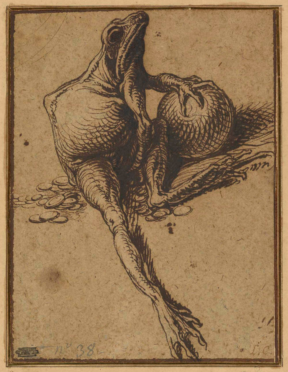A Frog Sitting on Coins and Holding a Sphere:  Allegory of Avarice Gm-24463701