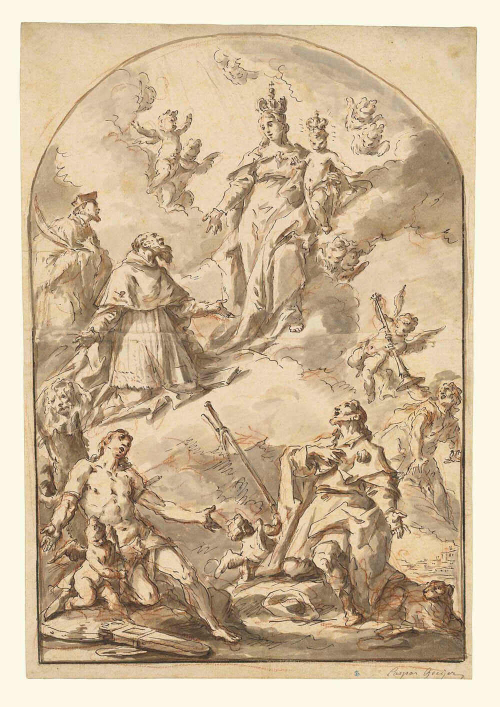 The Crowned Madonna and Child in Glory, with Saints Sebastian, Roch, Jerome, and John Nepomuk Gm-25640601