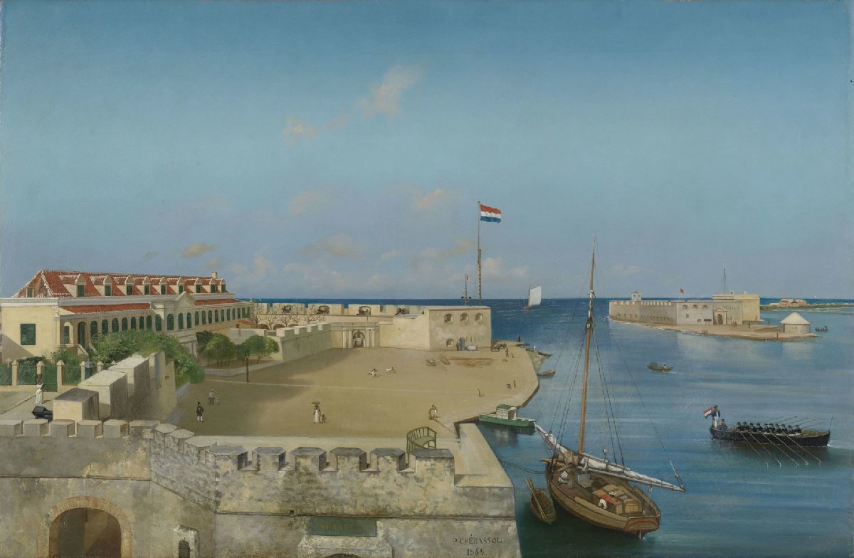 De haveningang van Willemstad met het Gouvernementspaleis