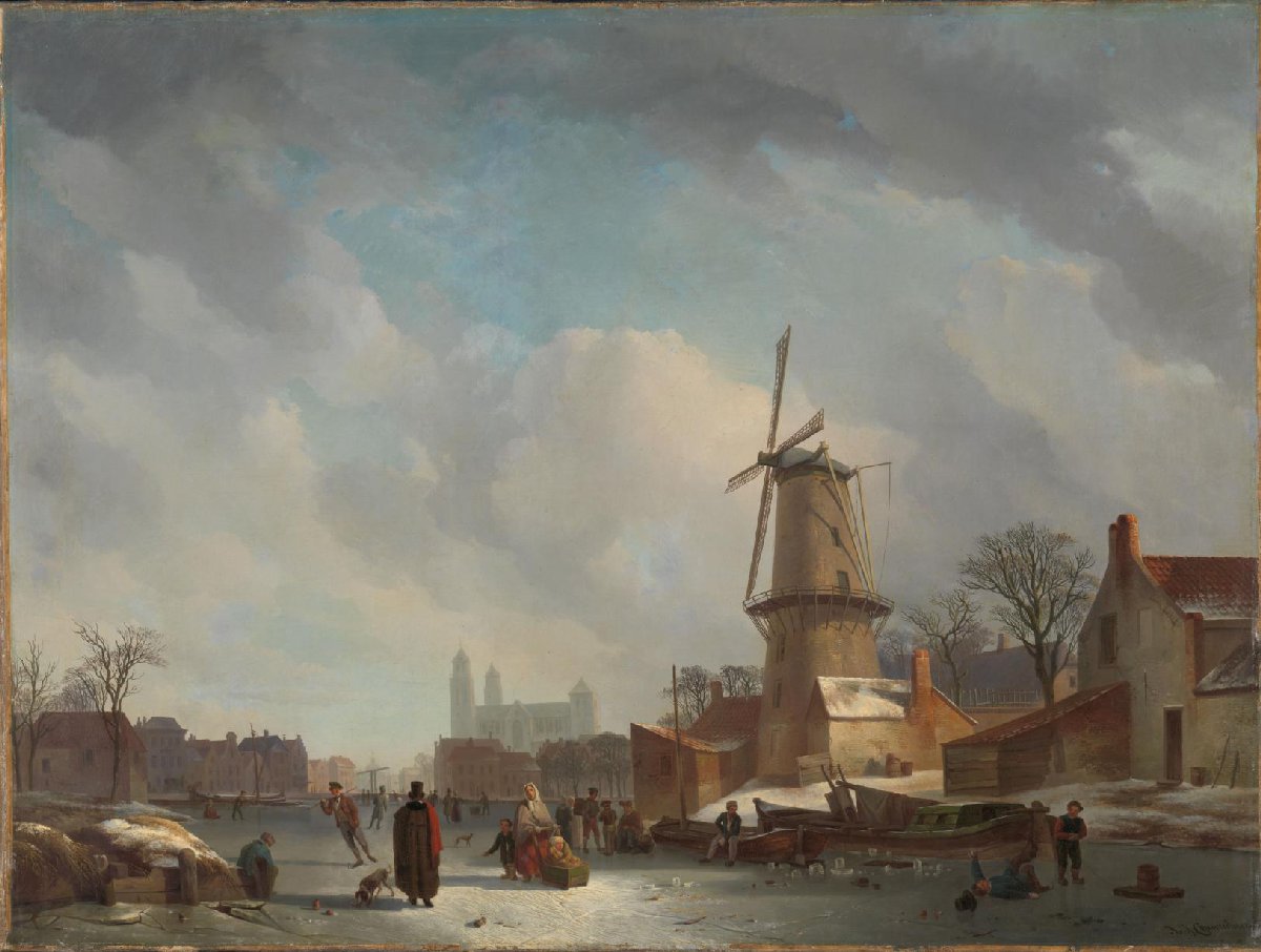 Frolicking on a Frozen Canal in a Town