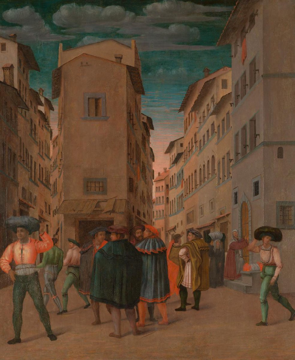 Florentine Street Scene with Twelve Figures (Sheltering the Traveler, one of the Seven Works of Mercy)