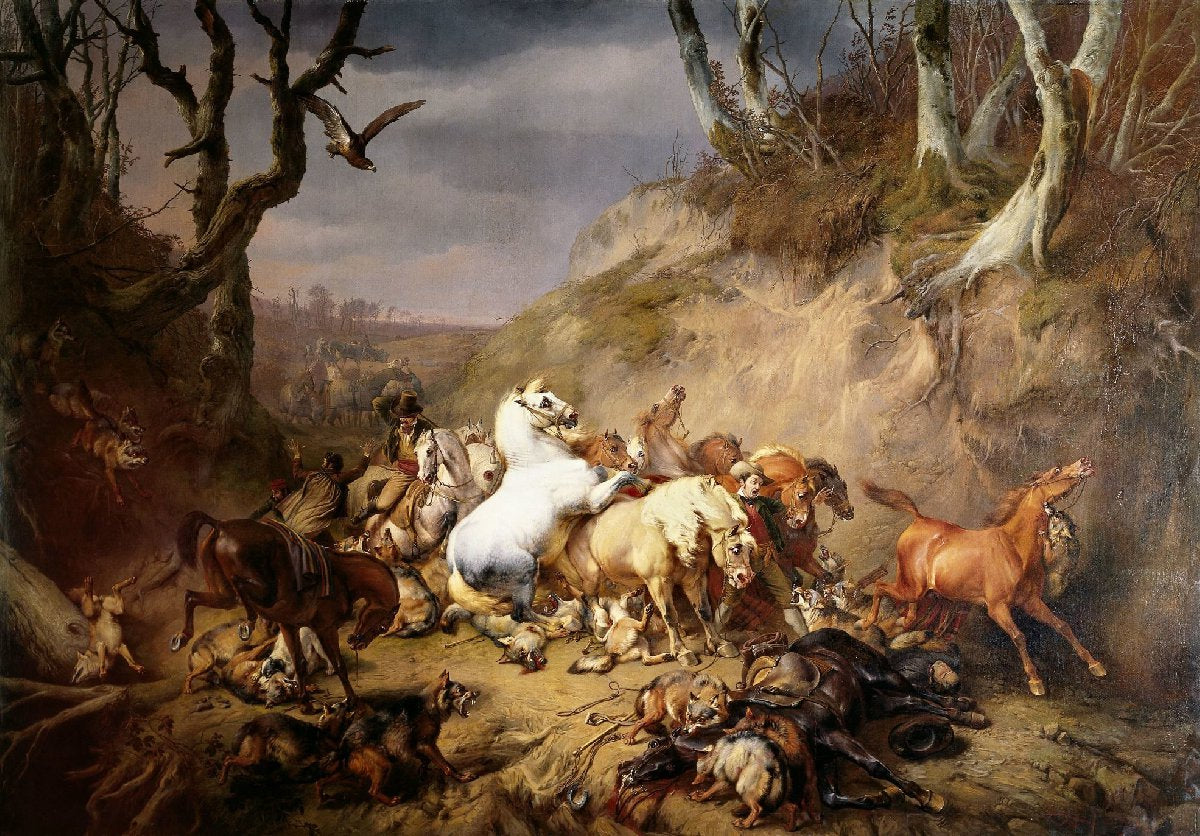 Hungry Wolves Attacking a Party of Riders
