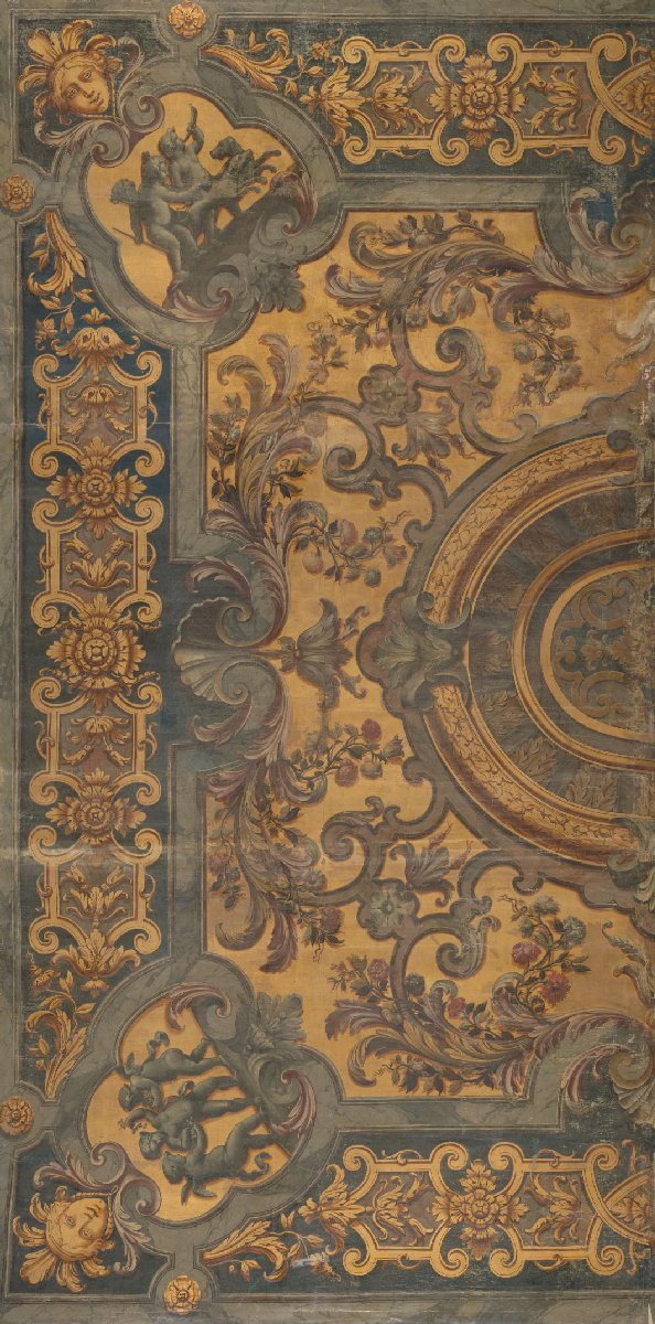 Ornamentale plafondschildering met in de hoeken voorstellingen van putti
