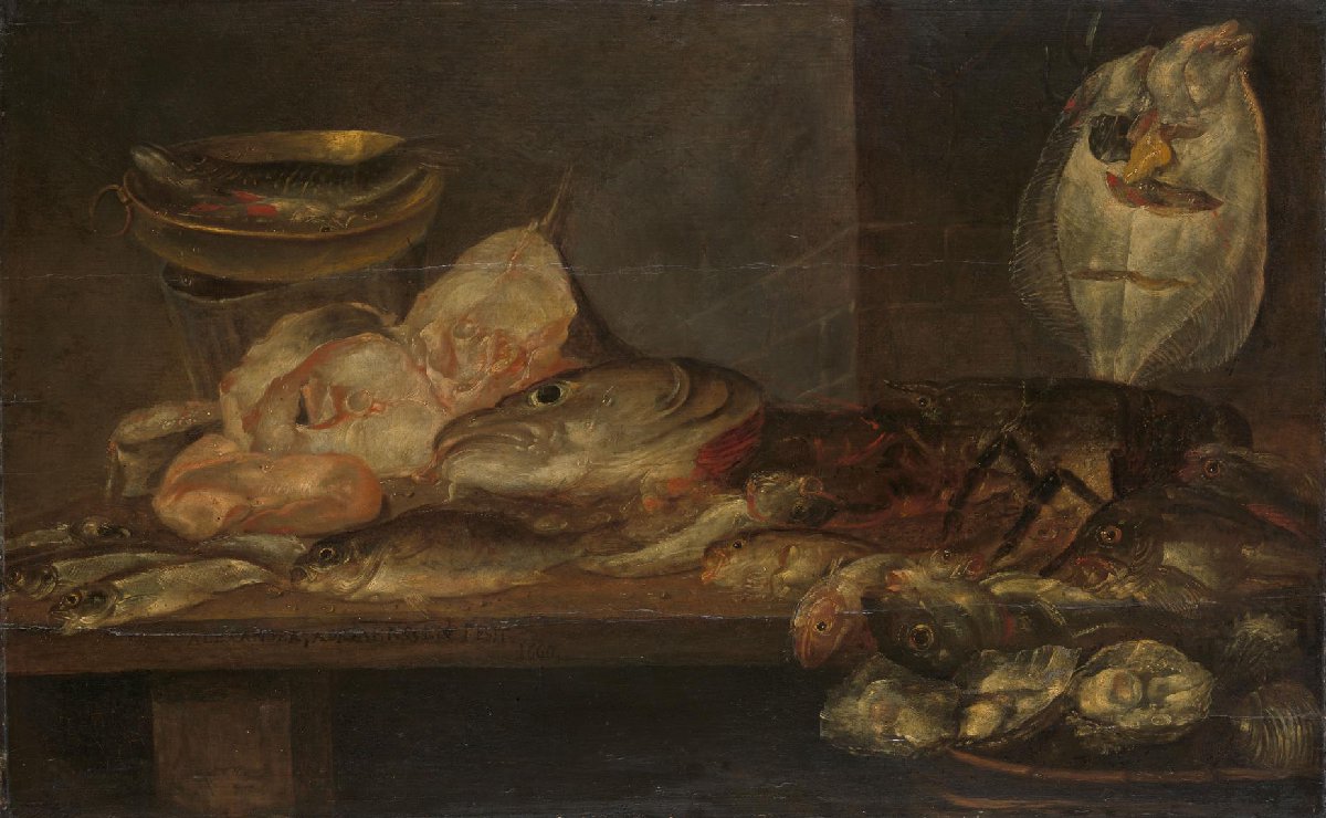 Still Life with Fish and a Lobster and Oysters on a Table nearby