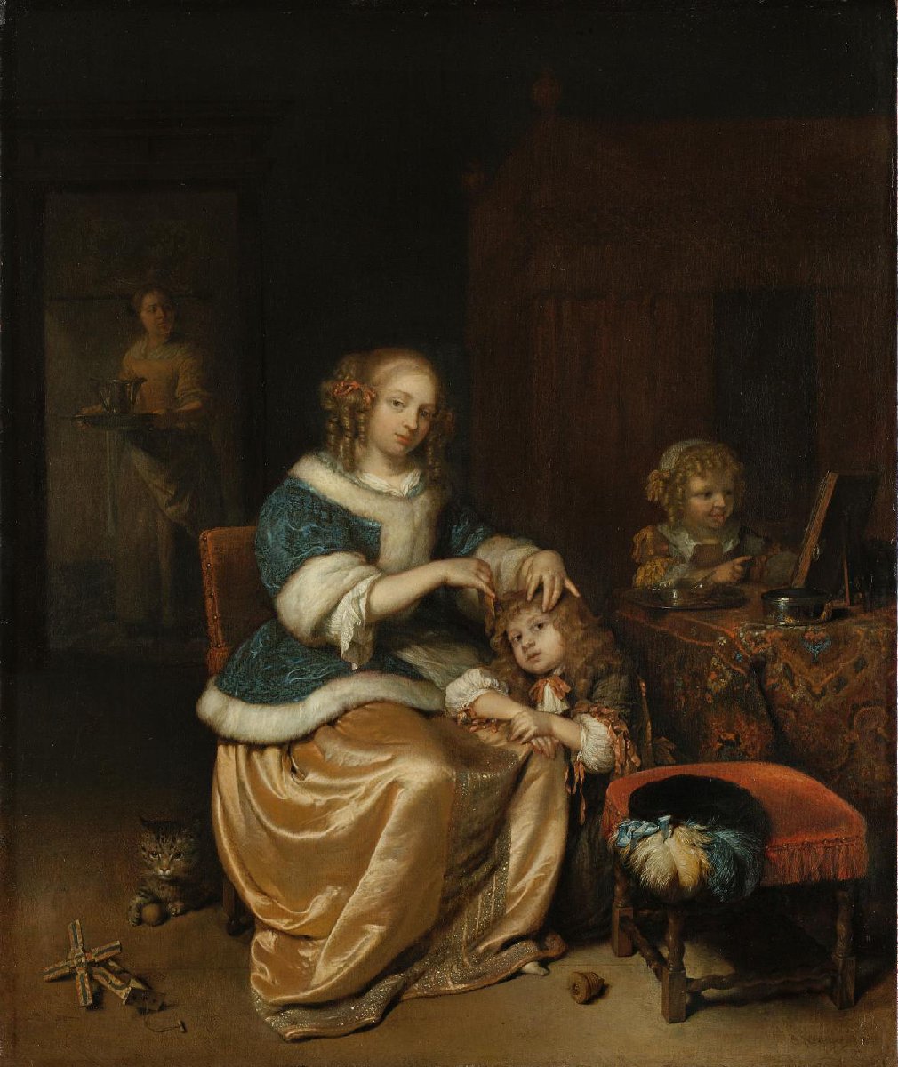 Interieur met een moeder die het haar van haar kind kamt, bekend als ‘Moederzorg’