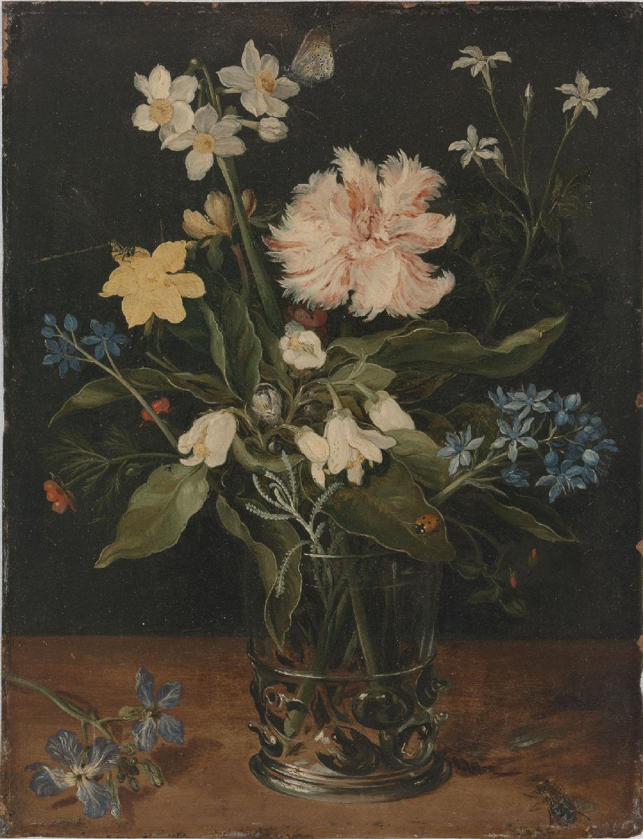 Stilleven met bloemen in een glas