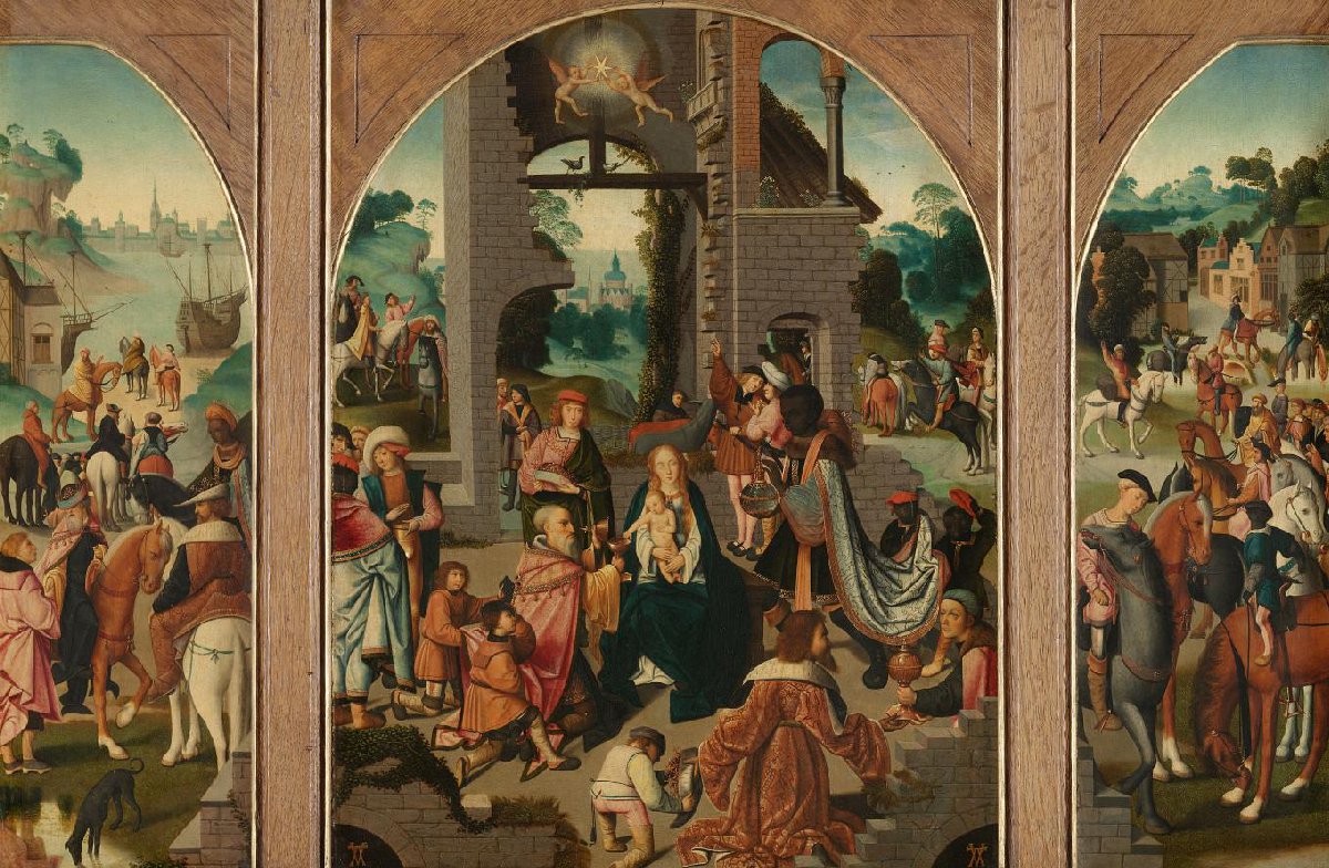 Triptych with Adoration of the Magi (center and inner wings), Saint Antony Abbot (left, outer wing) and Saint Adrian (right, outer wing)