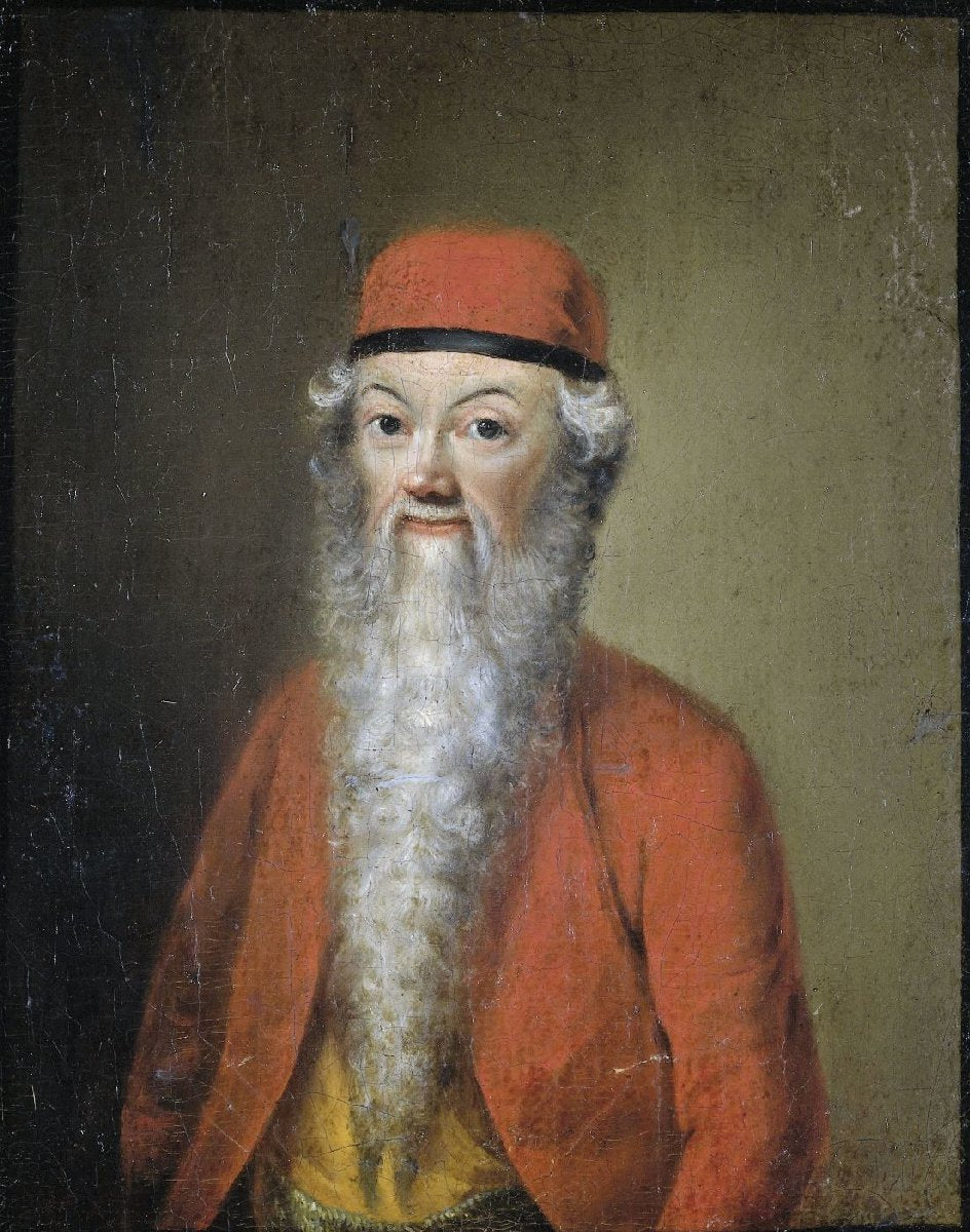 Naïef of karikaturaal portret van Jean-Etienne Liotard op ongeveer 54-jarige leeftijd