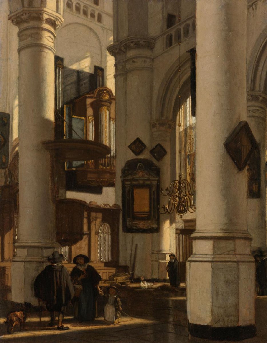 Interior of a Protestant, Gothic Church, with a Gravedigger in the Choir