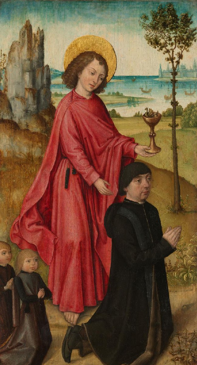 A Donor and his two Sons with Saint John the Evangelist, inner left wing of a triptych