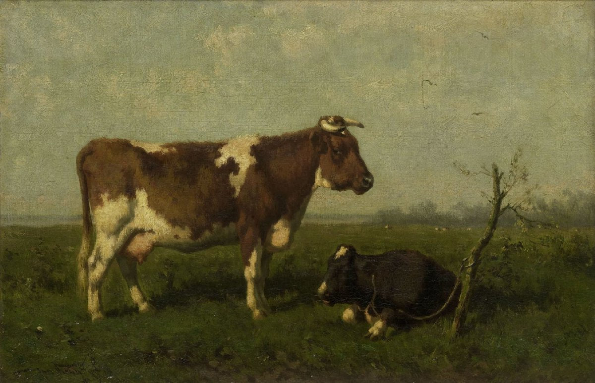A Cow with her Calf in a Meadow