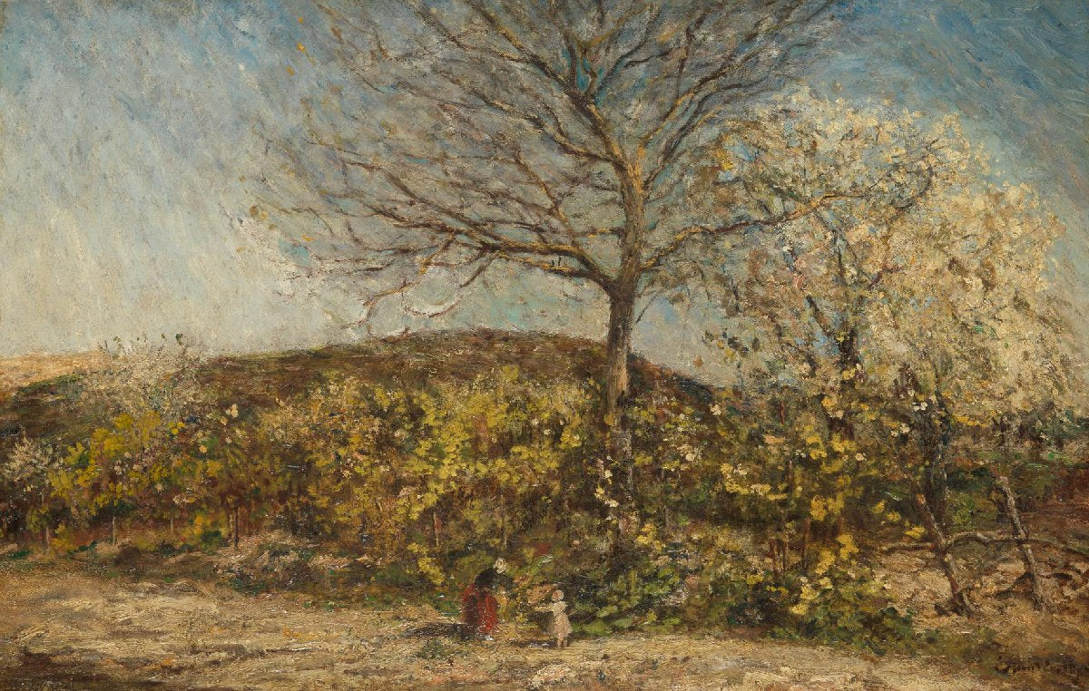 Landschap met bloeiende boomgaard