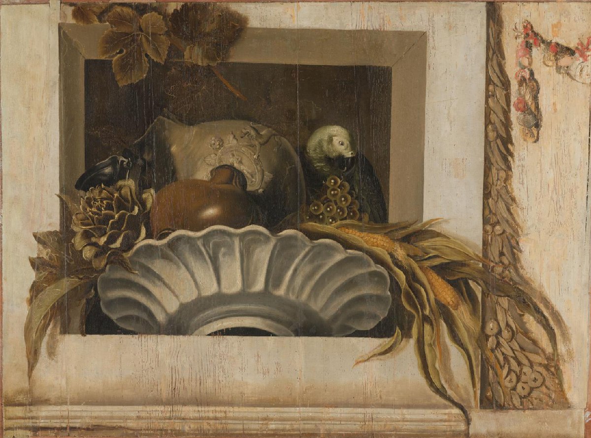 Still Life with a Bowl of Corn, Artichokes, Grapes and a Parrot