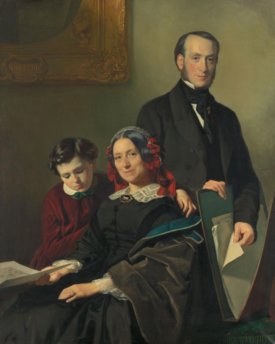Mevrouw A.J. Schmidt-Keiser, weduwe van de schilder Willem Hendrik Schmidt (1809-49), de leermeester van Jacob Spoel, met haar broer J.N. Keiser en haar tienjarig zoontje