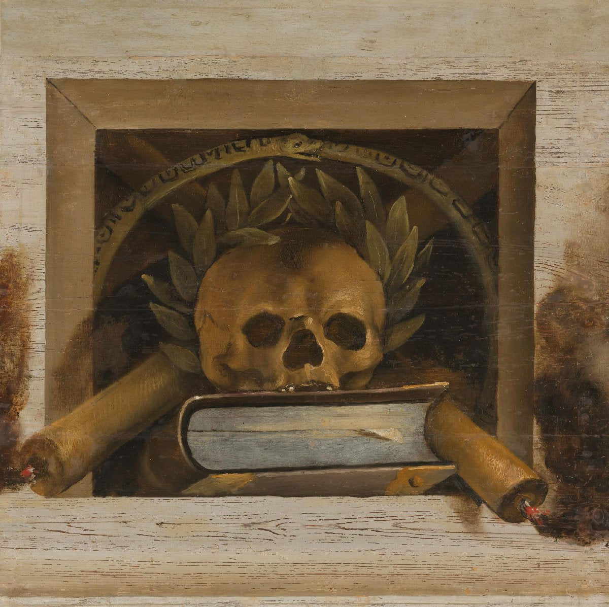 Vanitas Still Life with Scull with Laurel Wreath, Book and two Burning Candles