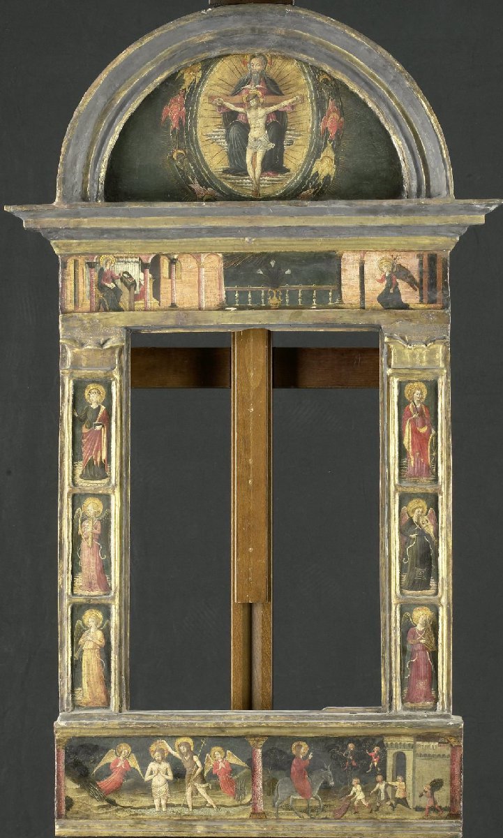 Frame depicting the Annunciation, Baptism of Christ, Entry into Jerusalem, Saints Cecilia and Catherine of Alexandria, Trinity (Gnadenstuhl, Mercy Seat), and four Music-making Angels