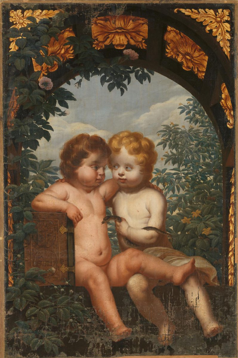 Christian Allegory with two Children with a Bible and Snake