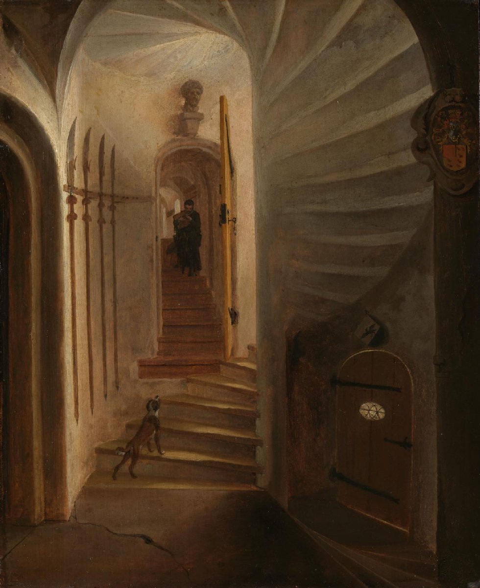 Portal of a stairway tower, with a man descending the stairs: presumably the moment before the assassination of William the Silent in the Ptinsenhof, Delft