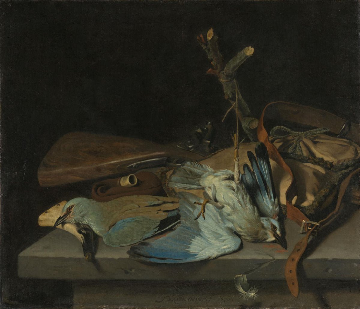 Still life with hunting implements and two European rollers