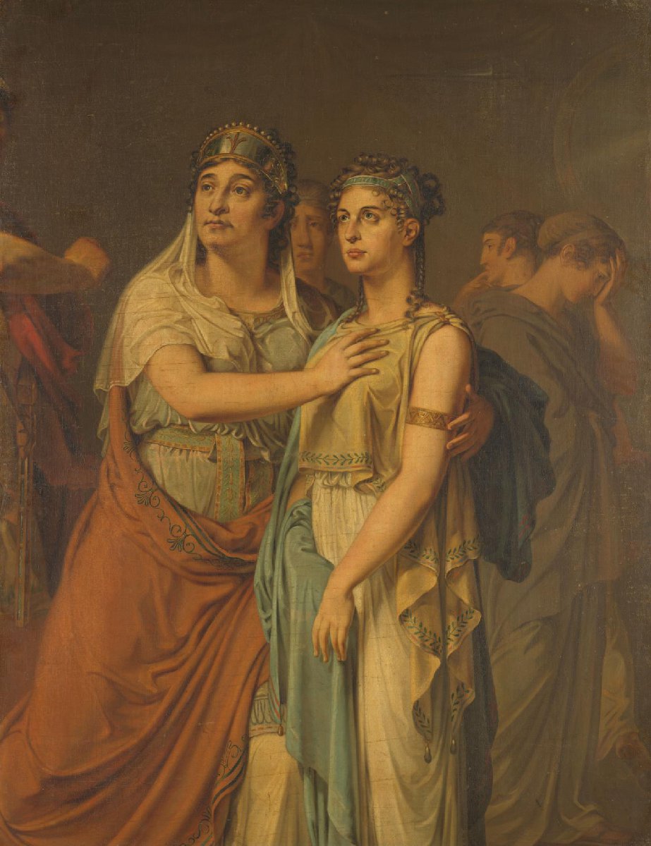 De actrices Joanna Cornelia Ziesenis-Wattier (1762-1827) en Geertruida Jacoba Grevelink-Hilverdink (1786-1827) in Iphigenia (1674) van Jean Racine (1639-99)