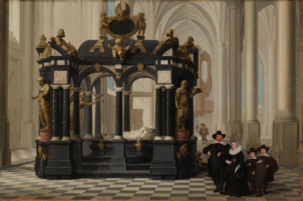 Een familiegroep bij het praalgraf van prins Willem I in de Nieuwe Kerk te Delft