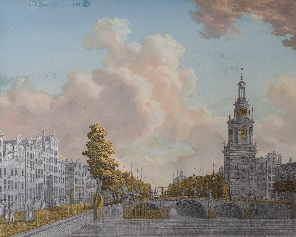 View of the Tower called Jan Roodenpoortstoren and the Singel Canal in Amsterdam