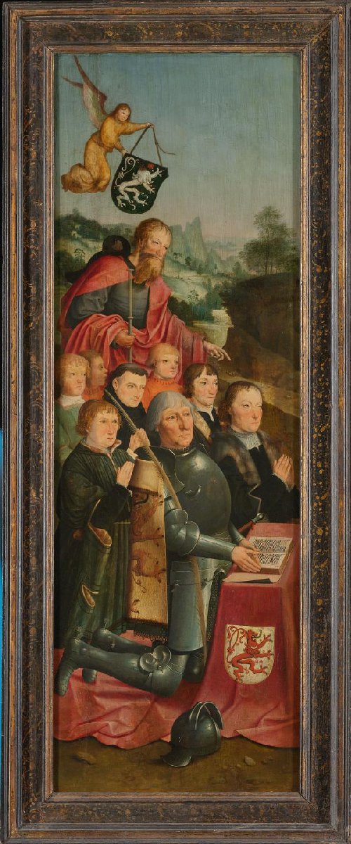 Memorial Panel with Eight Male Portraits, probably Willem Jelysz van Soutelande and Family, with Saint James the Greater and the Van Soutelande Family Crest, inner left wing of an altarpiece