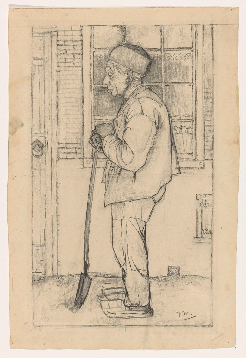 Douwe de Groot met een spade voor het huis