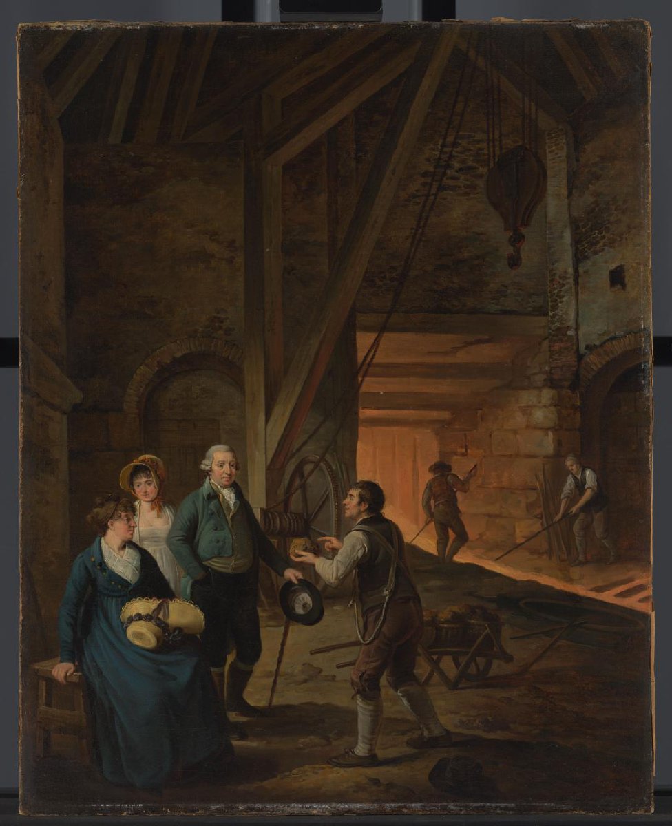 Jan Daniël Huichelbos van Liender, Petronella van Liender en Adriana Reepmaker in een Engelse ijzergieterij
