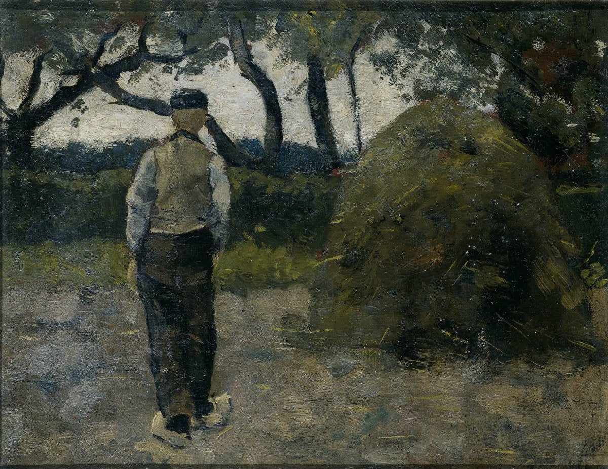 A Farmer standing near a Hay-Stack