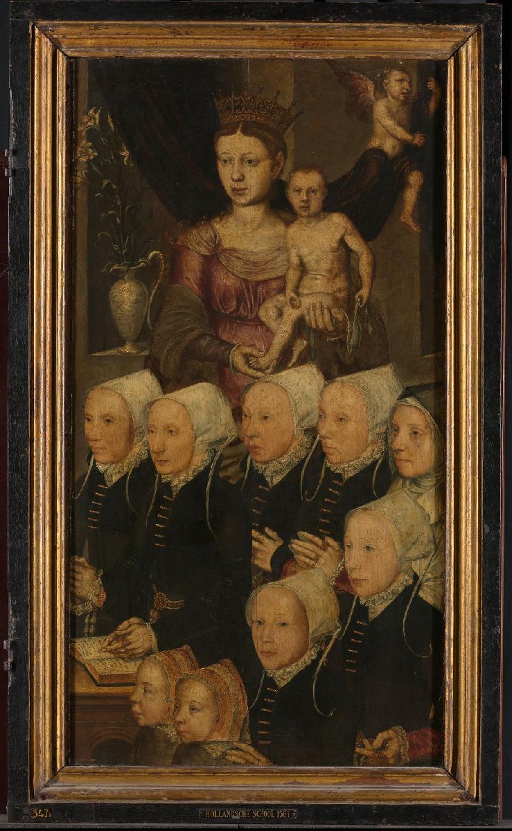 Right wing of a Memorial Triptych, formerly called the Gertz Memorial Triptych, with nine female Donor Portraits with the Virgin and Child (inner), and Saint Mary Magdalene (outer)