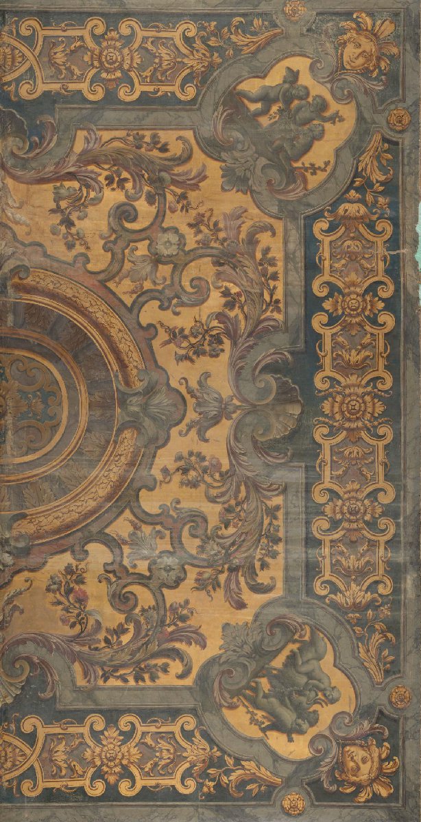 Ornamentale plafondschildering met in de hoeken voorstellingen van putti