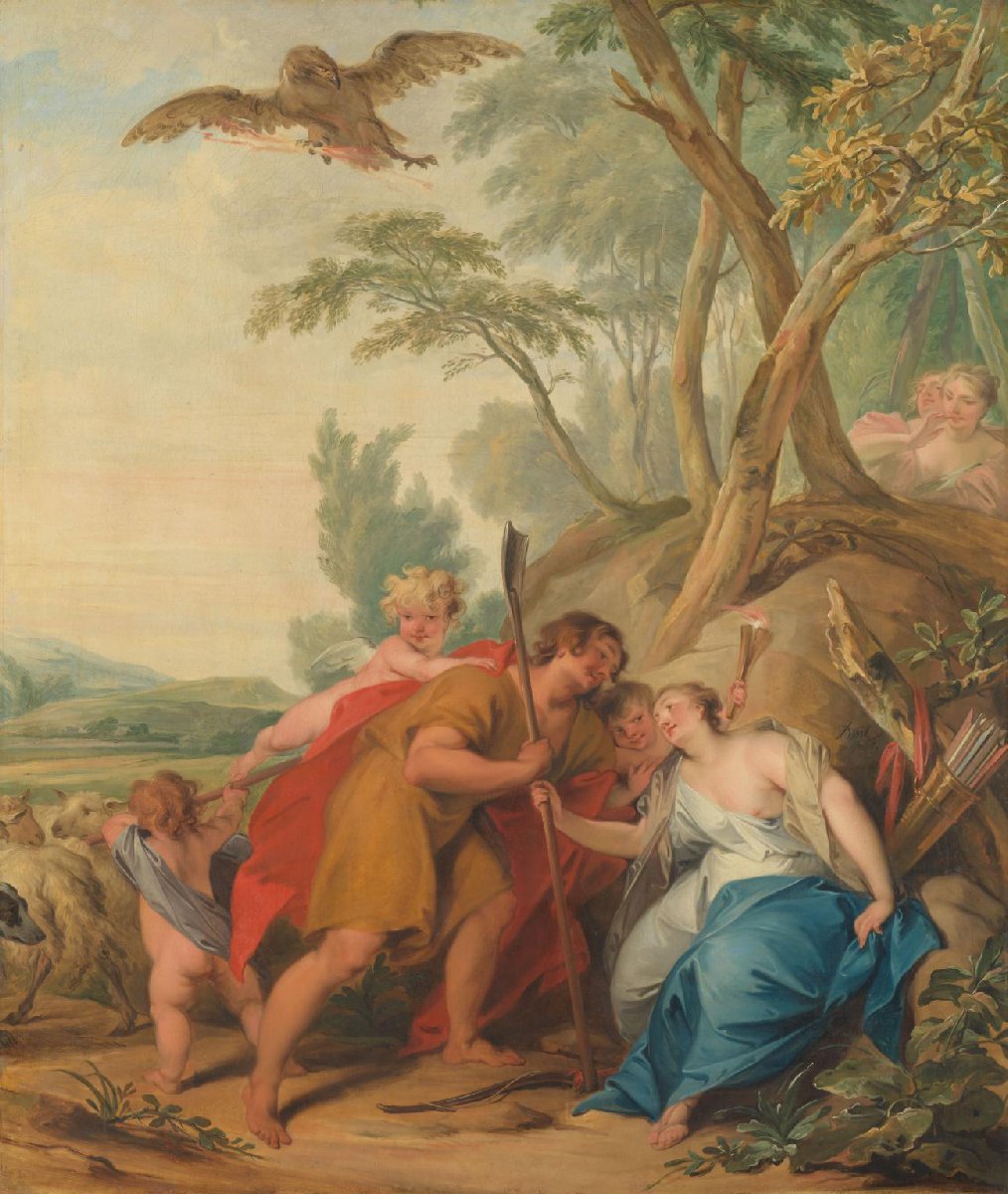 Jupiter, vermomd als herder, verleidt Mnemosyne, godin van het geheugen