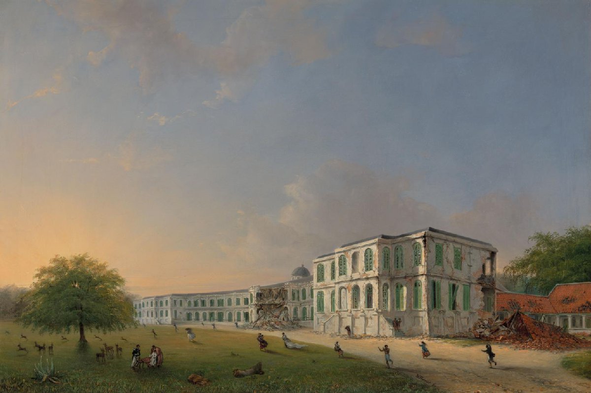 Het paleis Buitenzorg gezien vanaf de voorzijde tijdens de aardbeving van 10 oktober 1834