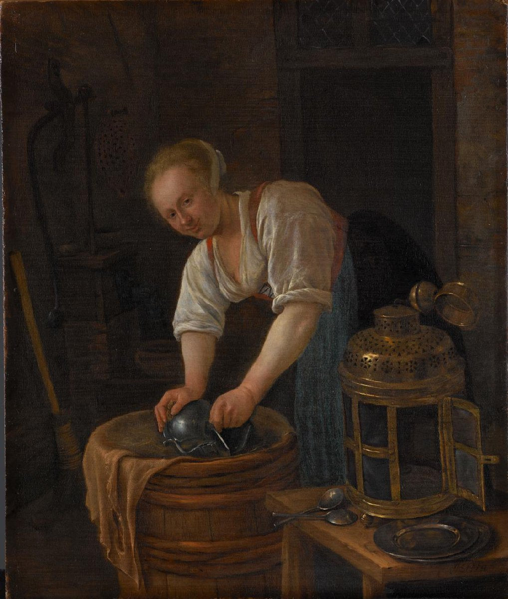 Woman scouring metalware