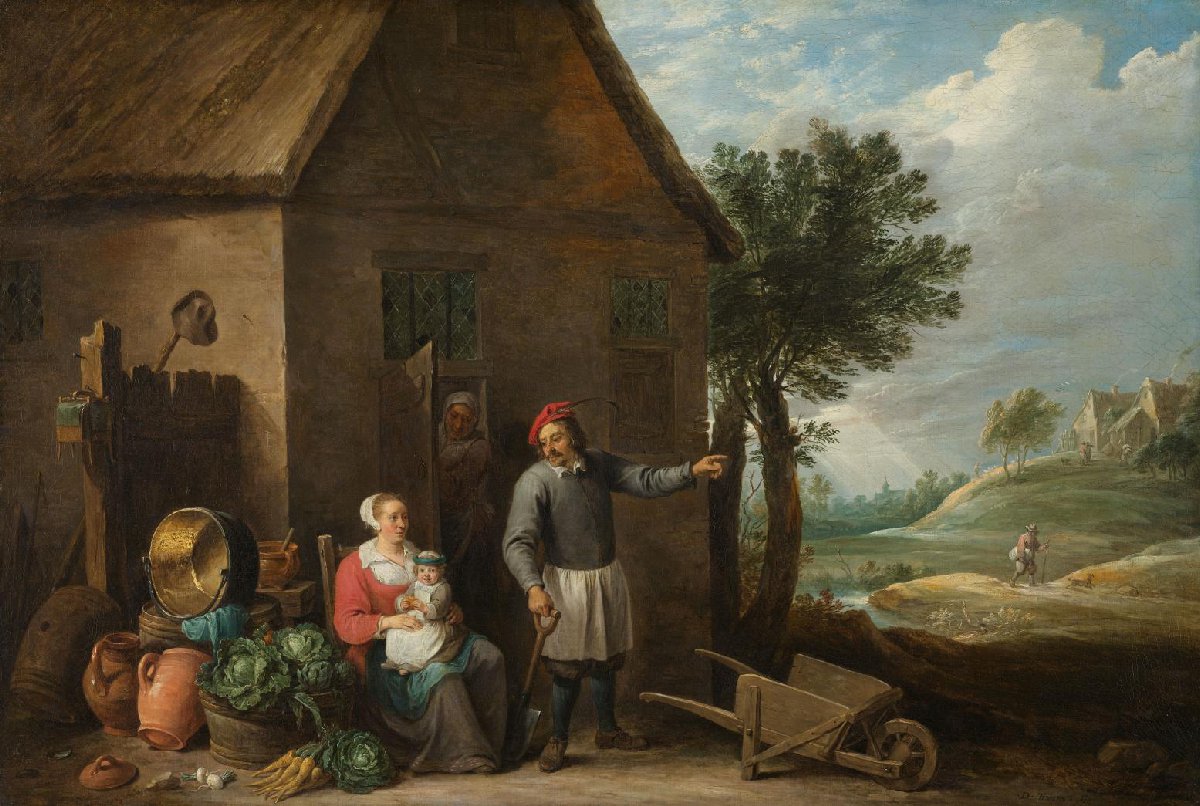 Man en vrouw met een kind voor een boerderij