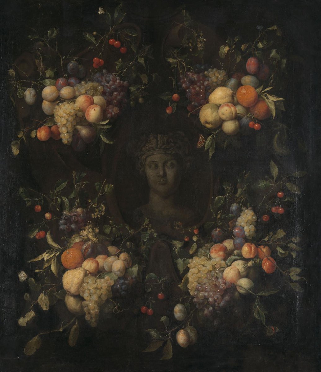 Simulated Sculpted Head of a Woman in a Cartouche Decorated with Swags of Fruit