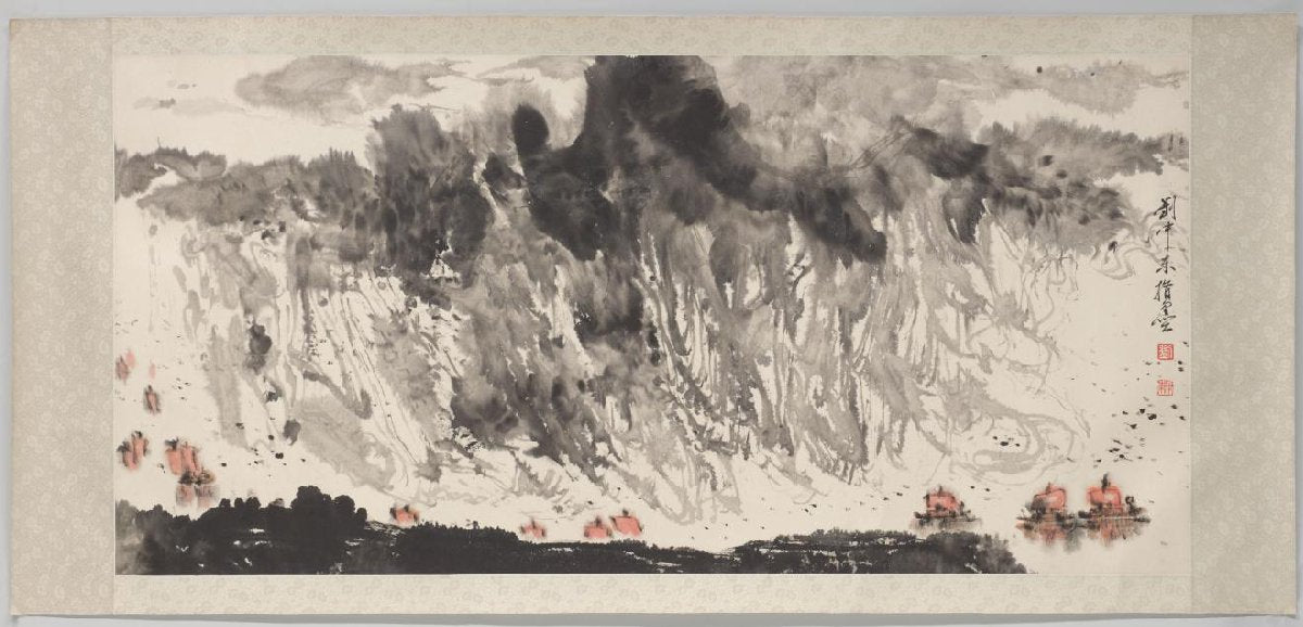 Vingerschildering van landschap met schepen