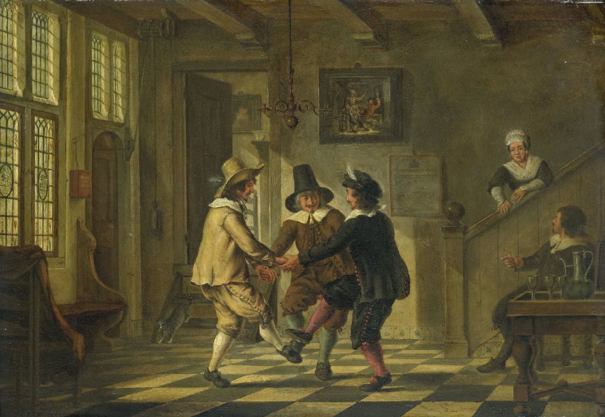 Drie mannen in zeventiende-eeuws kostuum dansend in een voorhuis