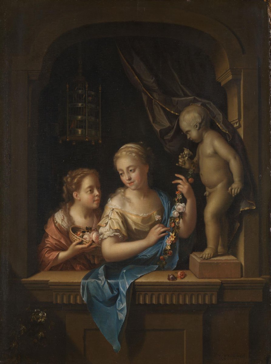 Two Girls with Flowers by a Statue of Cupid