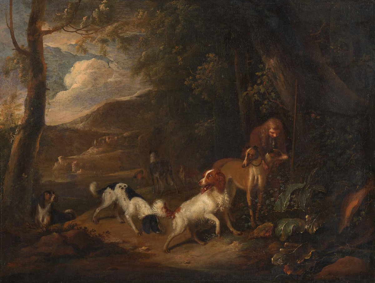 Hunter with Hounds at the Edge of a Wood