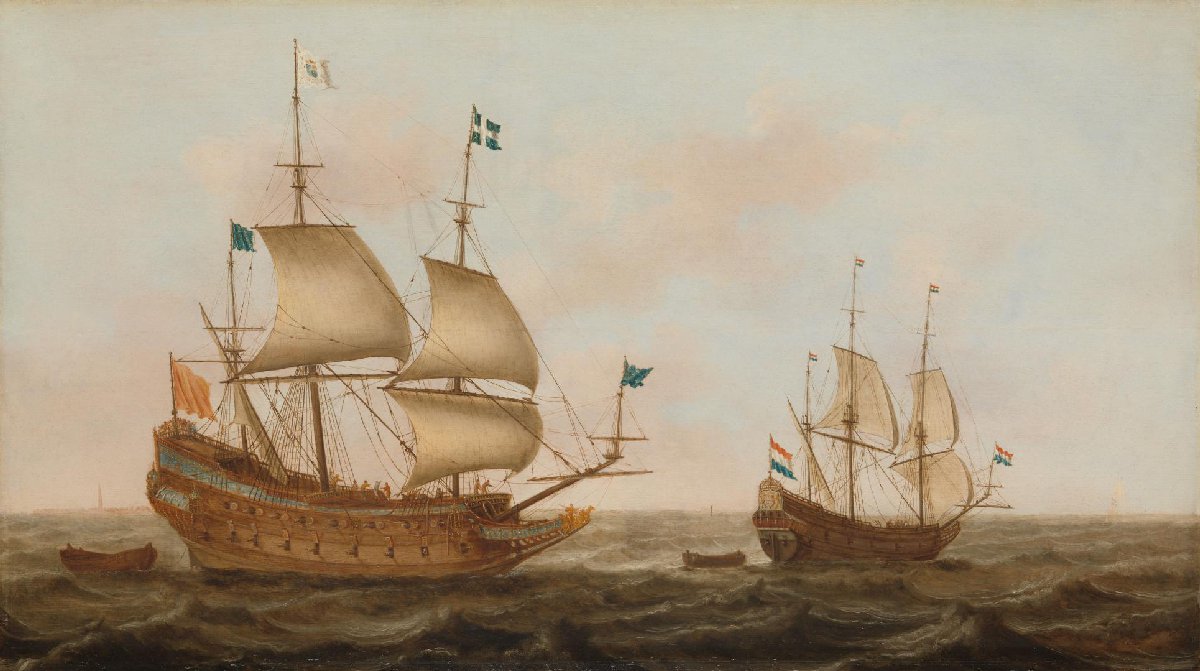 A Warship Built for France and a Dutch Yacht under Sail