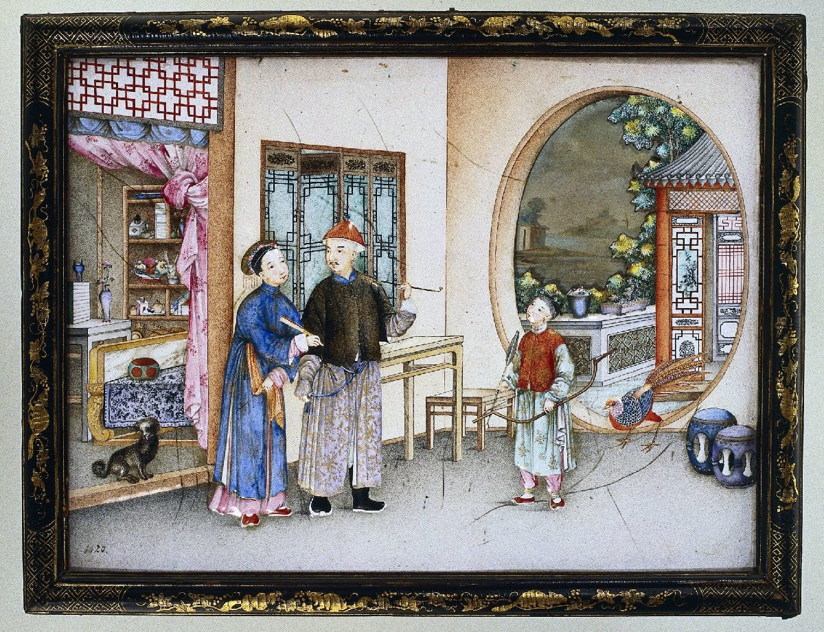 Plaque met een interieur met figuren