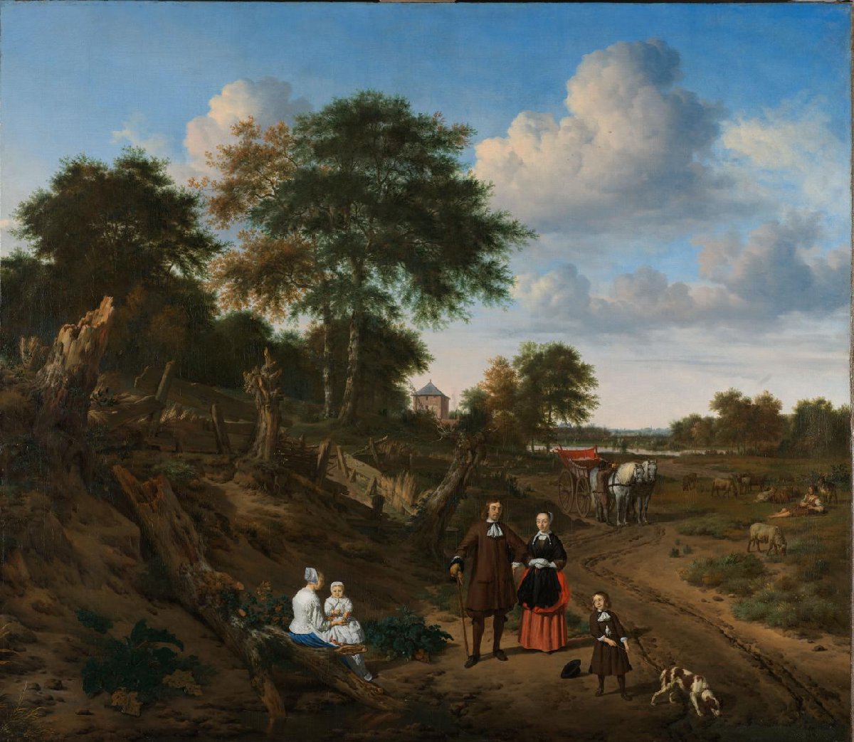 Portret van een echtpaar met twee kinderen en een min in een landschap