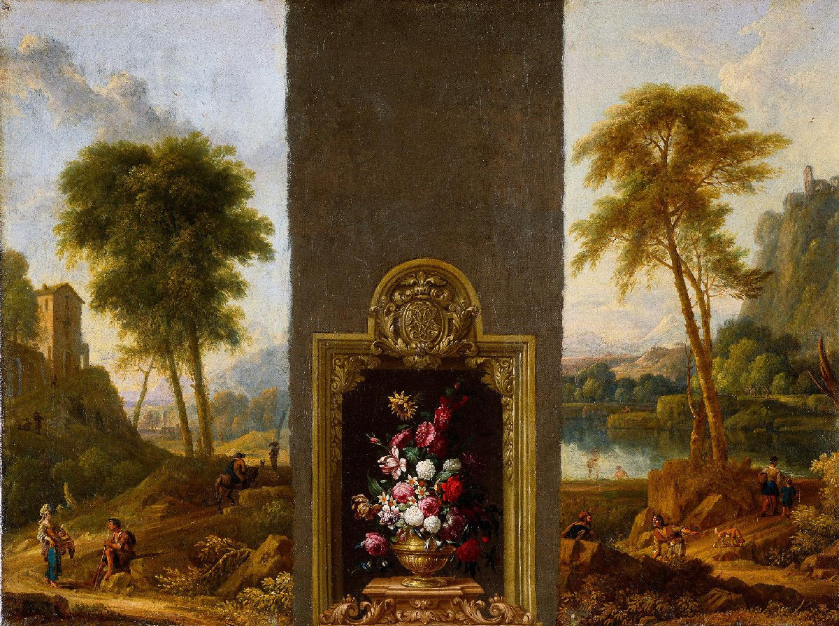 Bloemstilleven in omlijsting met monogram